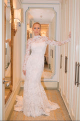Dreamyannie Mermaid Beach Wedding Dress Long Sleeve High Neck Lace Bridal Gown