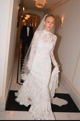 Dreamyannie Mermaid Beach Wedding Dress Long Sleeve High Neck Lace Bridal Gown