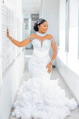 Mermaid Long Sleeve Wedding Dress Luxury Beaded Bridal Gown with Ruffled Skirt