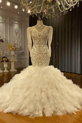 Mermaid Long Sleeve Wedding Dress Luxury Beaded Tulle Tiered Bridal Gown