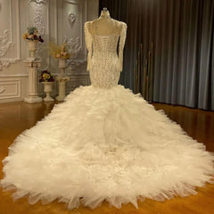 Mermaid Long Sleeve Wedding Dress Luxury Beaded Tulle Tiered Bridal Gown