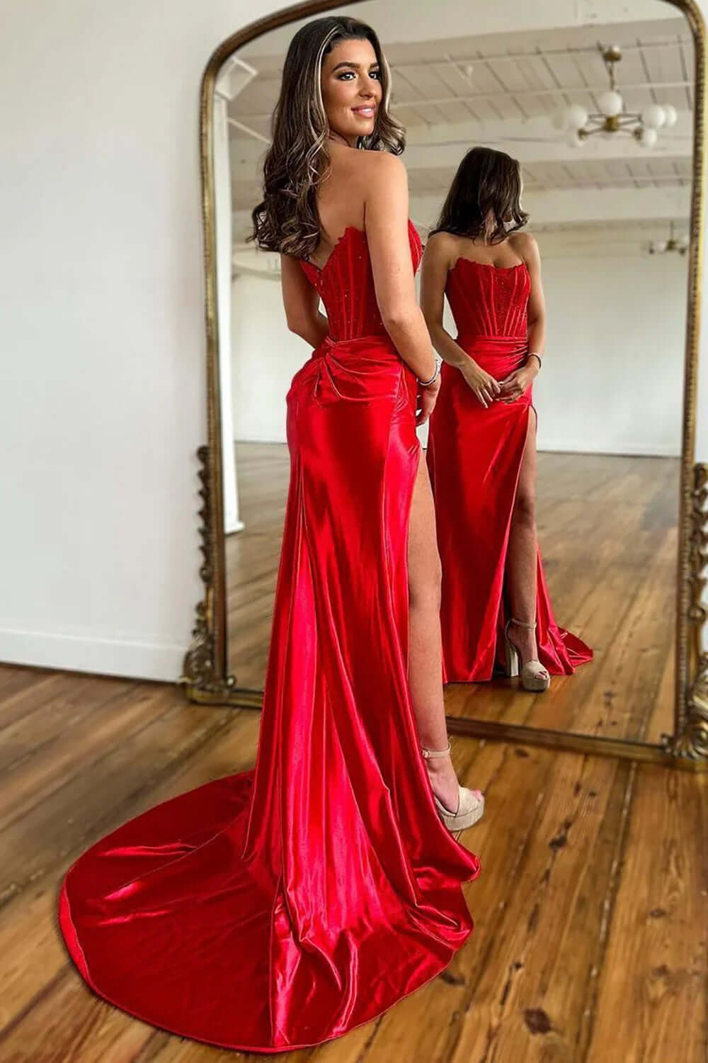 Dreamyannie Red Prom Dress Beaded Corset Mermaid Long Formal Dress With Slit