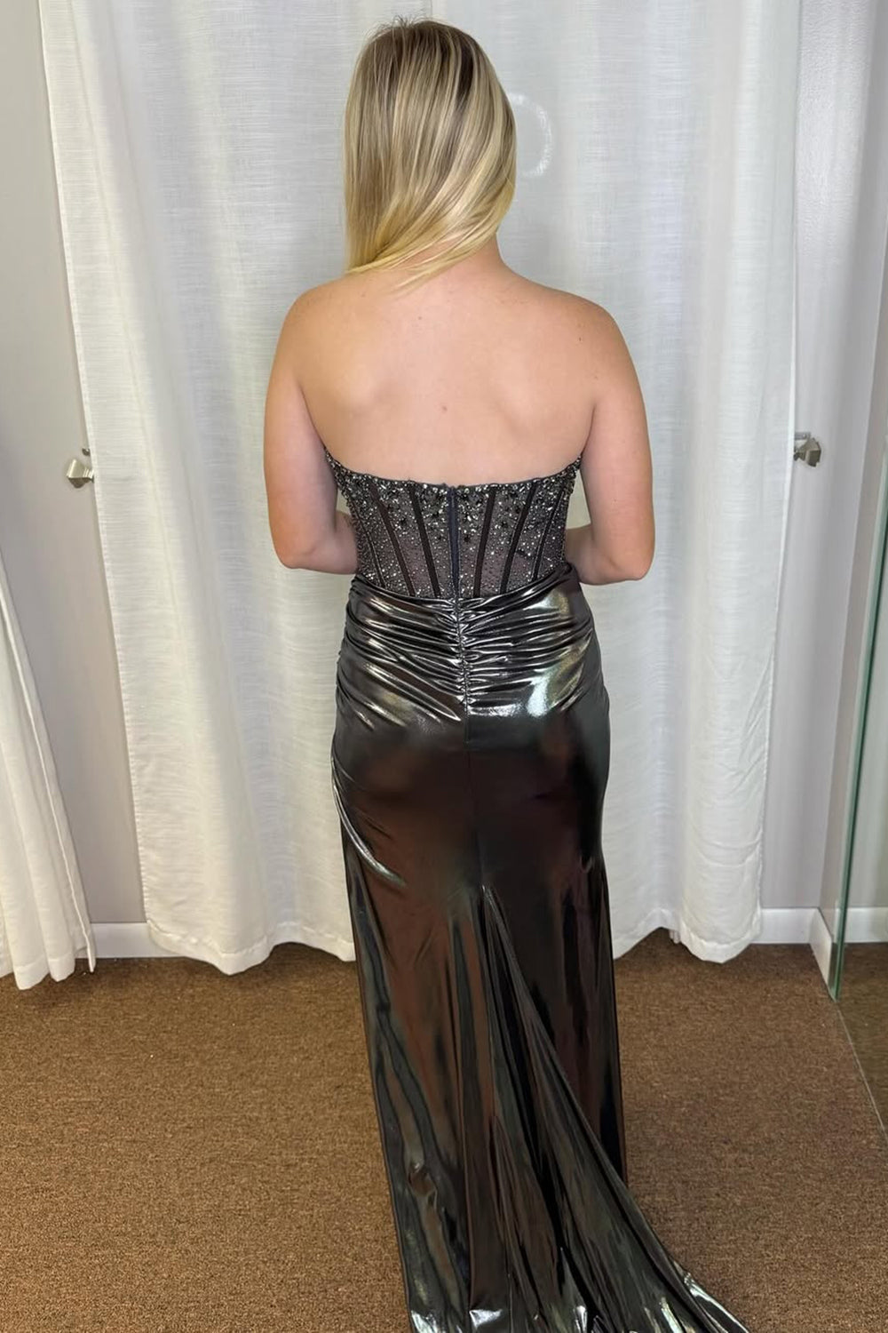 Metallic Black Prom Dress Corset Long Formal Dress With Slit