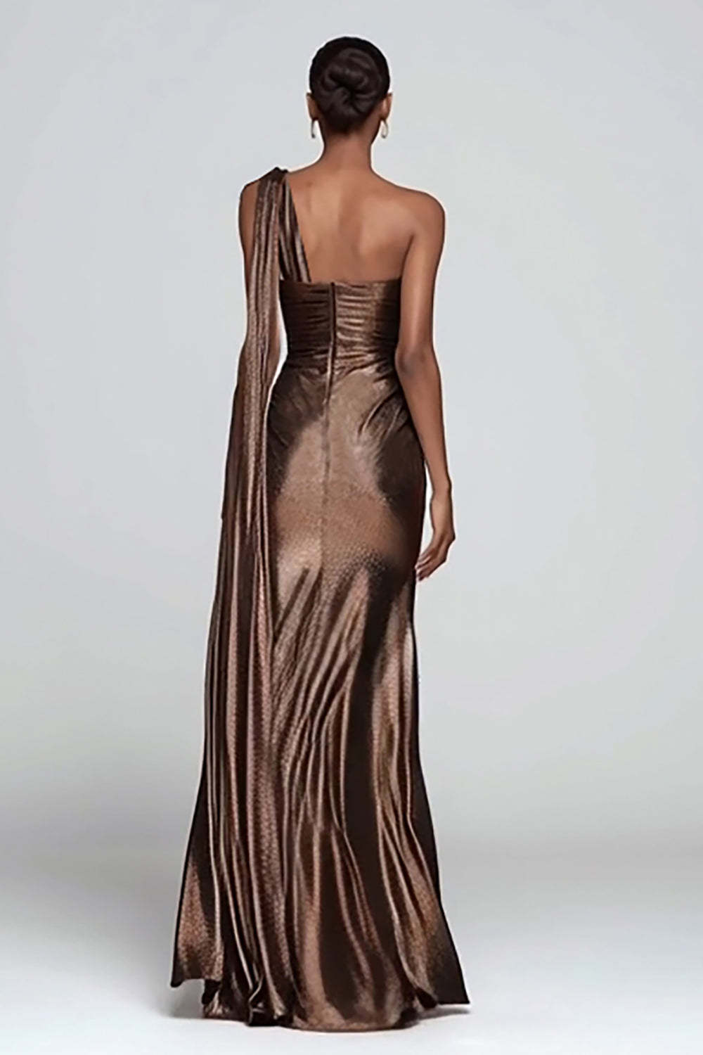 Metallic Brown One Shoulder Long Mermaid Prom Dress With Slit