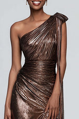 Metallic Brown One Shoulder Long Mermaid Prom Dress With Slit