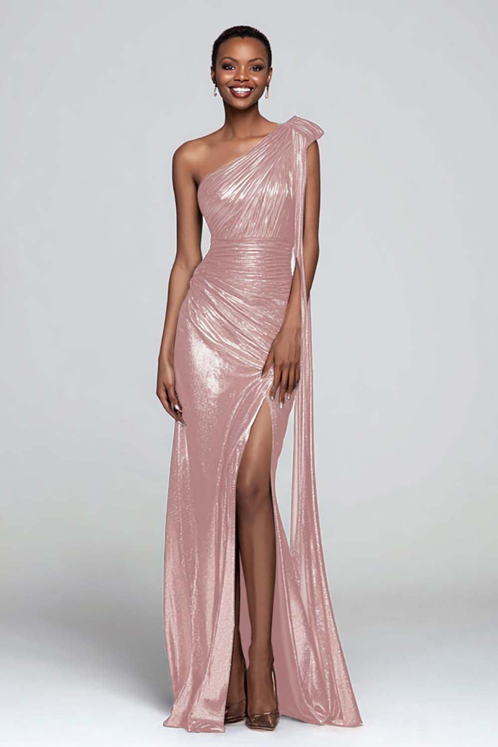 Metallic Brown One Shoulder Long Mermaid Prom Dress With Slit