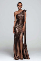 Metallic Brown One Shoulder Long Mermaid Prom Dress With Slit