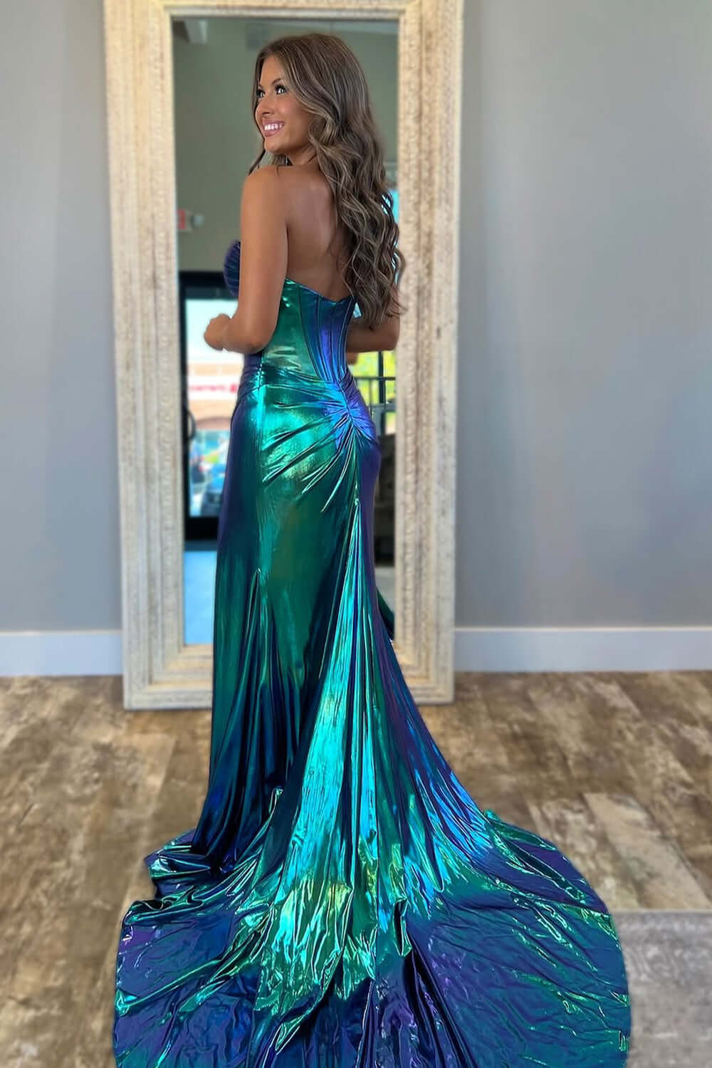 Dreamyannie Turquoise Prom Dress Mermaid Ruche Metallic Long Formal Dress With Slit