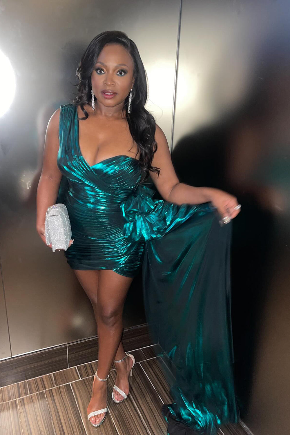 Metallic Emerald Green Homecoming Dress One Shoulder Tight Short Cocktail Dresses
