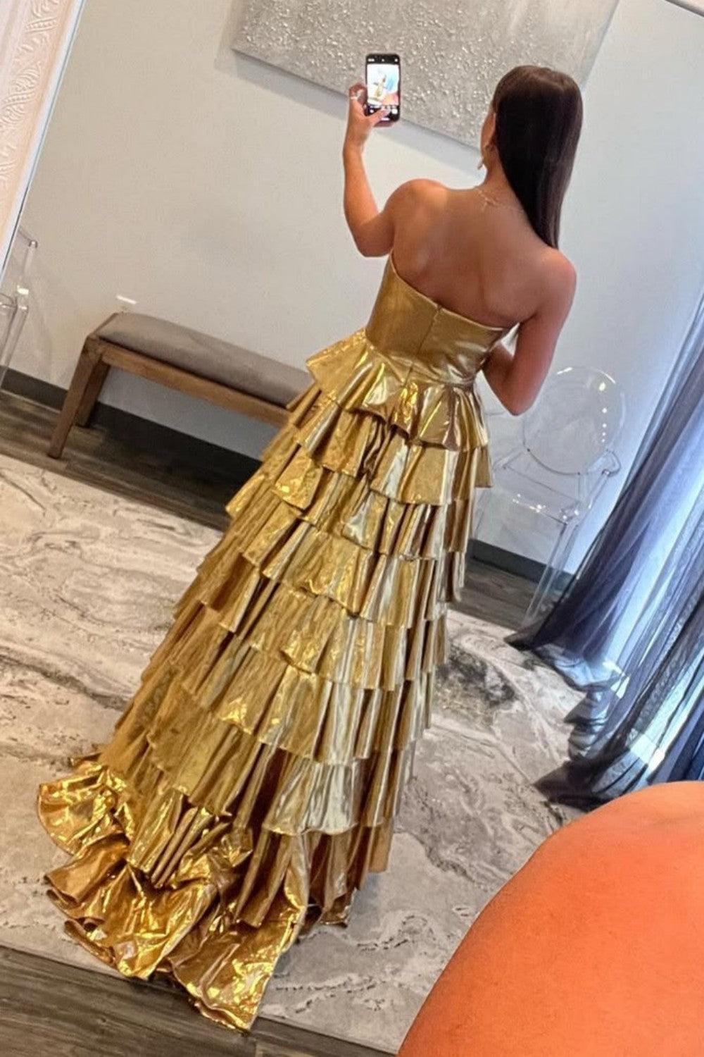 Metallic Gold A-Line Sweetheart Long Tiered Ruffle Prom Gown Formal Evening Gown