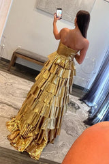 Metallic Gold A-Line Sweetheart Long Tiered Ruffle Prom Gown Formal Evening Gown