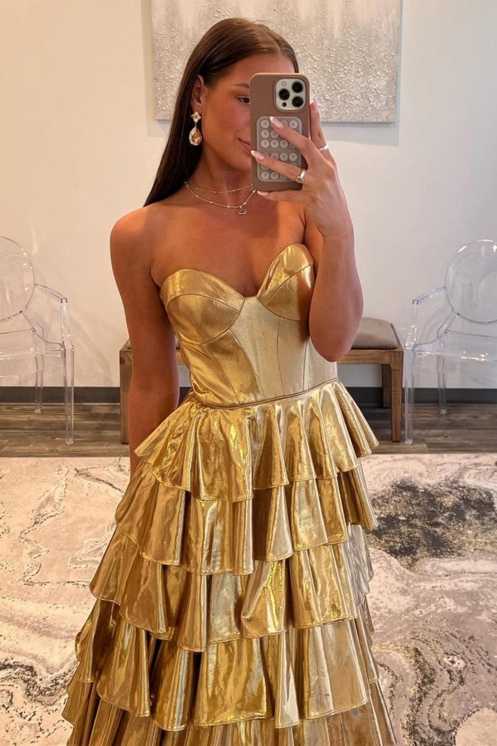 Metallic Gold A-Line Sweetheart Long Tiered Ruffle Prom Gown Formal Evening Gown