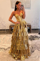 Metallic Gold A-Line Sweetheart Long Tiered Ruffle Prom Gown Formal Evening Gown