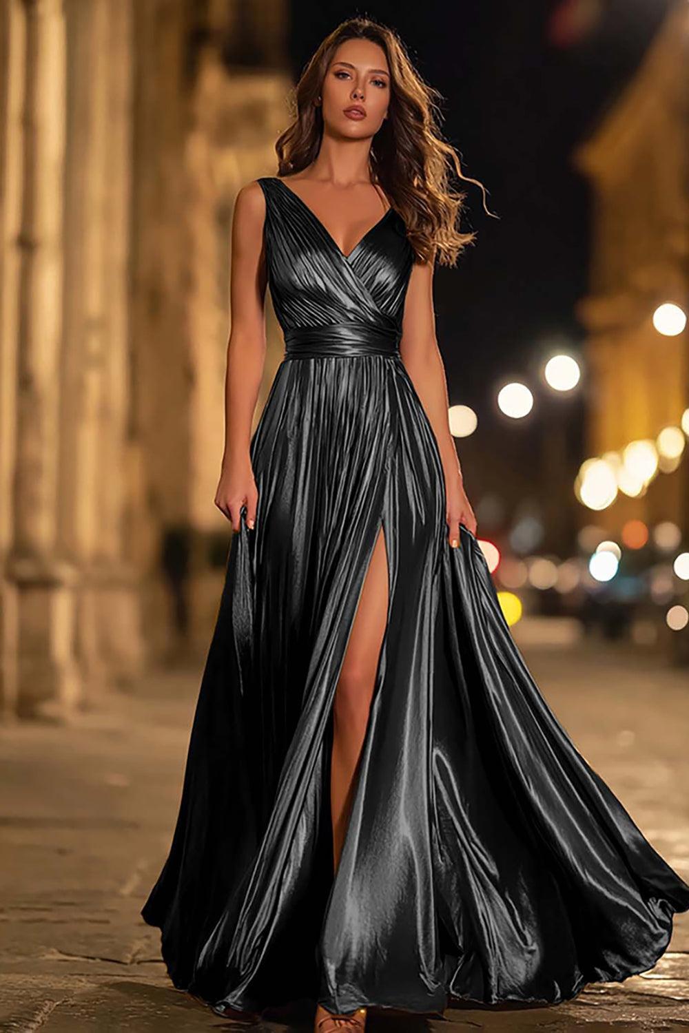 Metallic Gold Ruched V-Neck A-Line Long Prom Dress With Slit