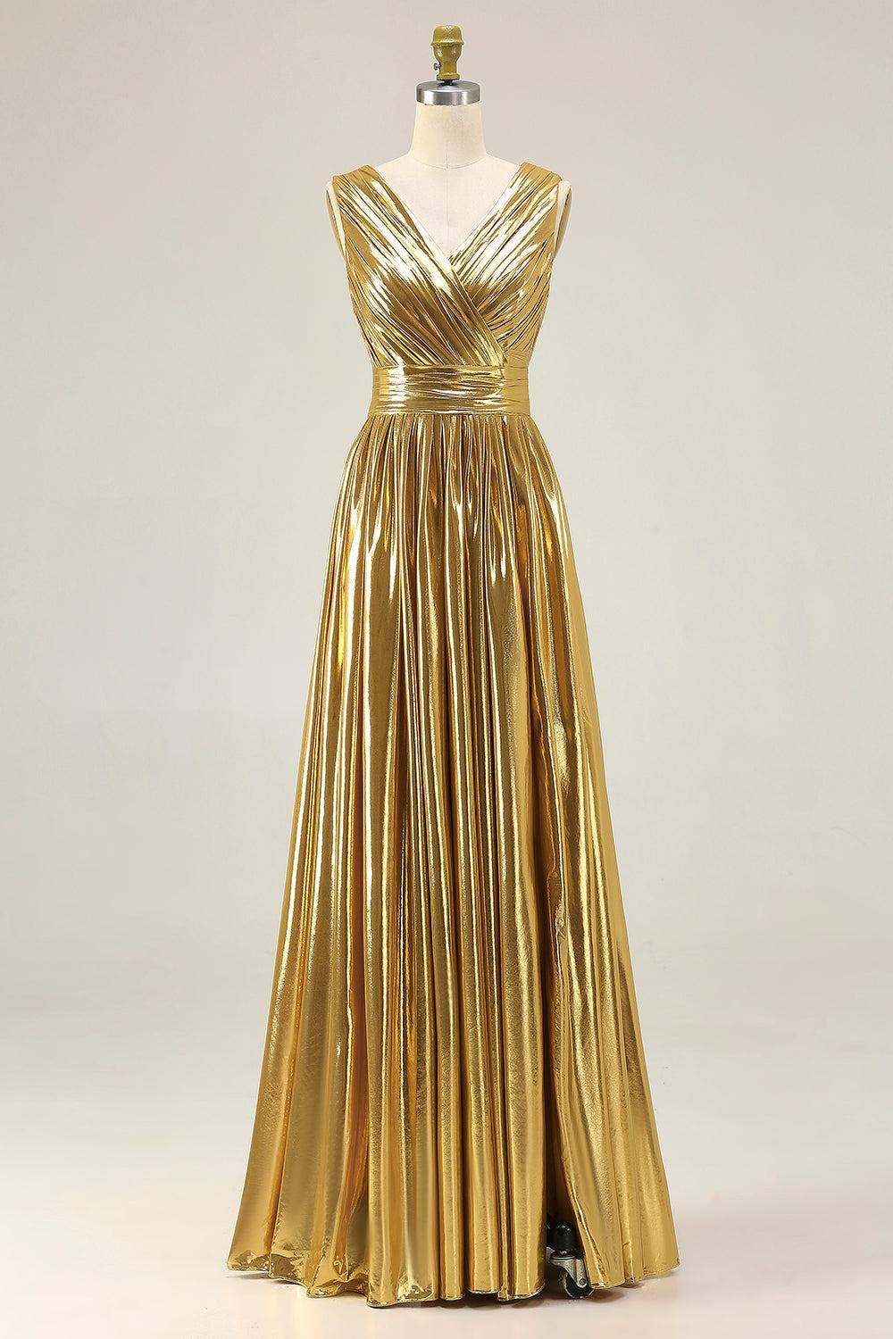Metallic Gold Ruched V-Neck A-Line Long Prom Dress With Slit