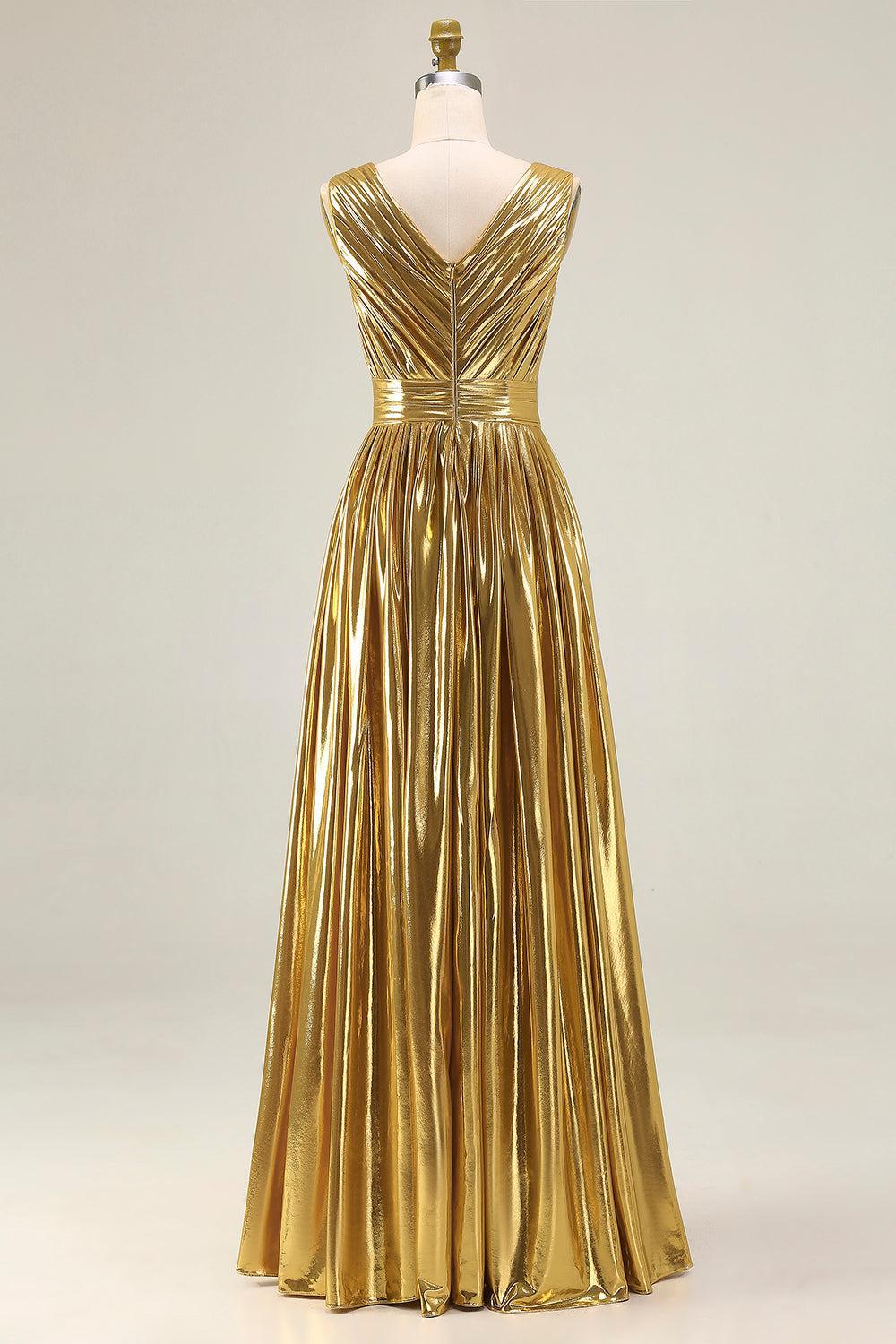 Metallic Gold Ruched V-Neck A-Line Long Prom Dress With Slit