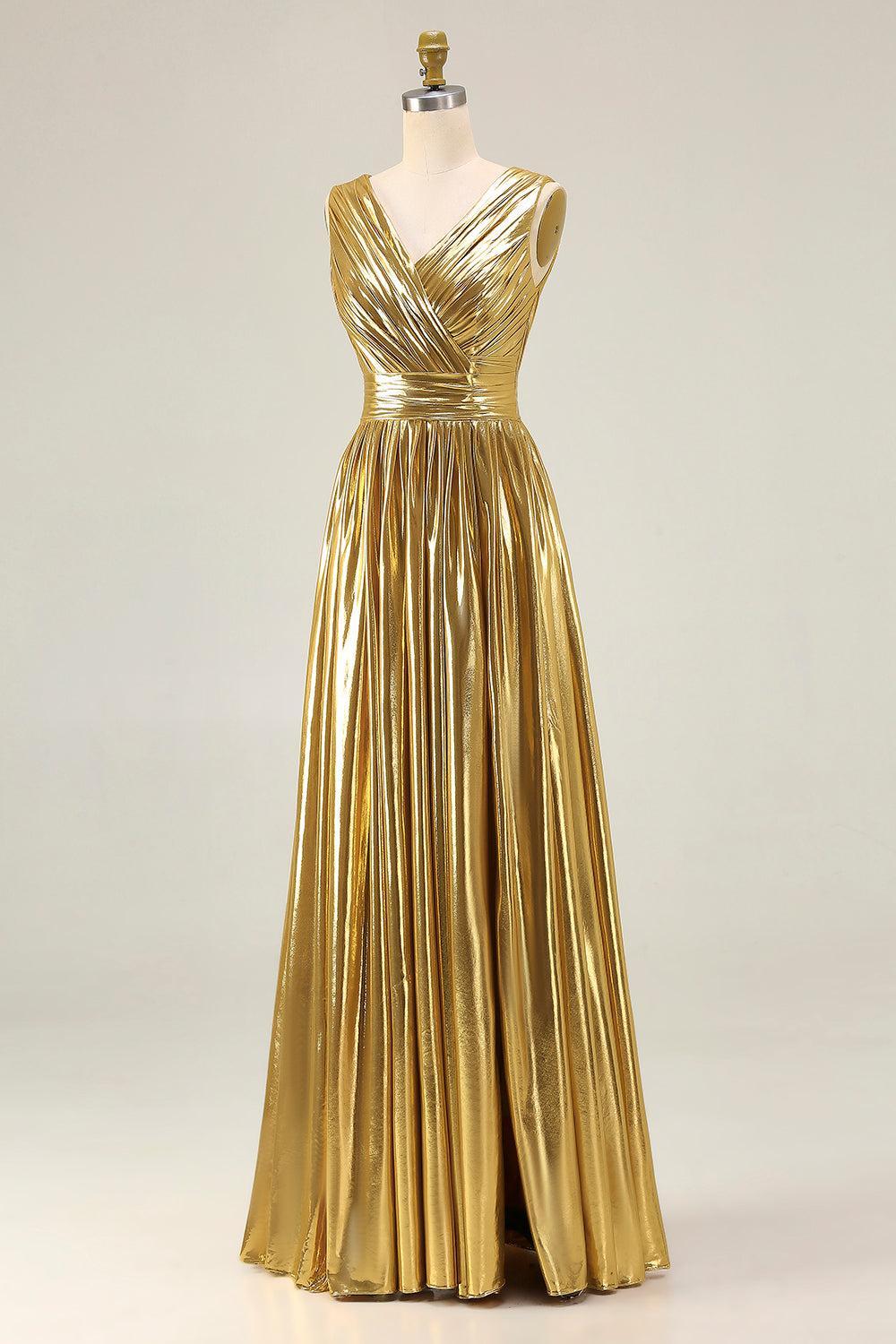 Metallic Gold Ruched V-Neck A-Line Long Prom Dress With Slit