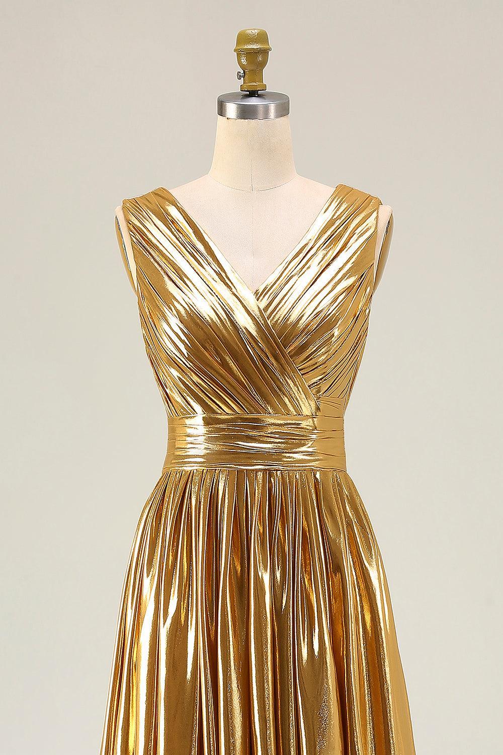 Metallic Gold Ruched V-Neck A-Line Long Prom Dress With Slit