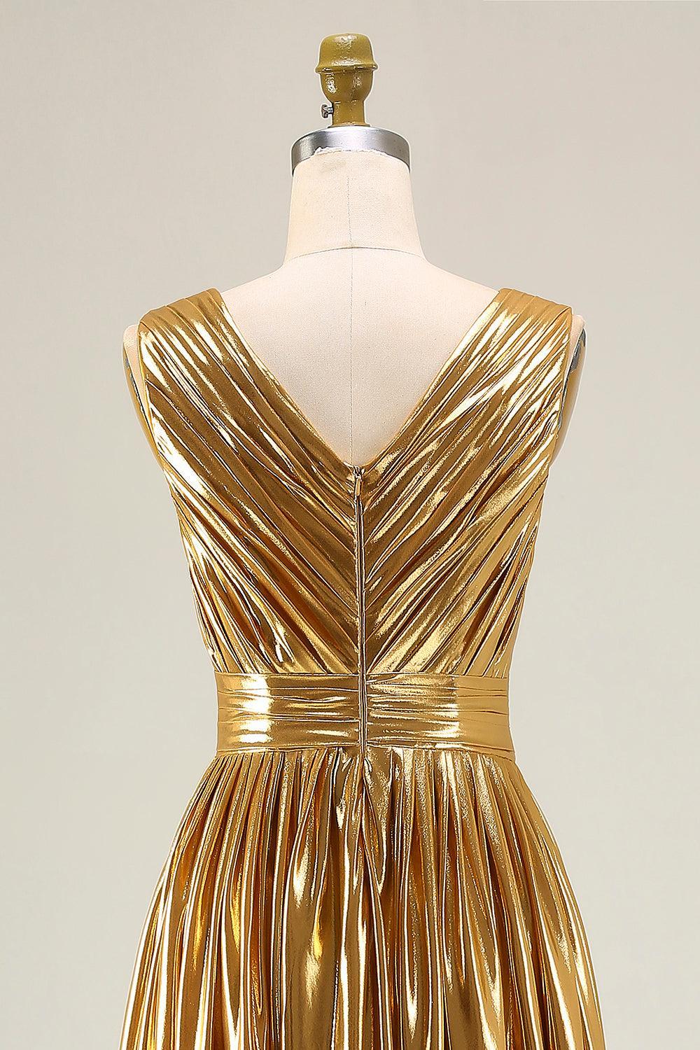 Metallic Gold Ruched V-Neck A-Line Long Prom Dress With Slit