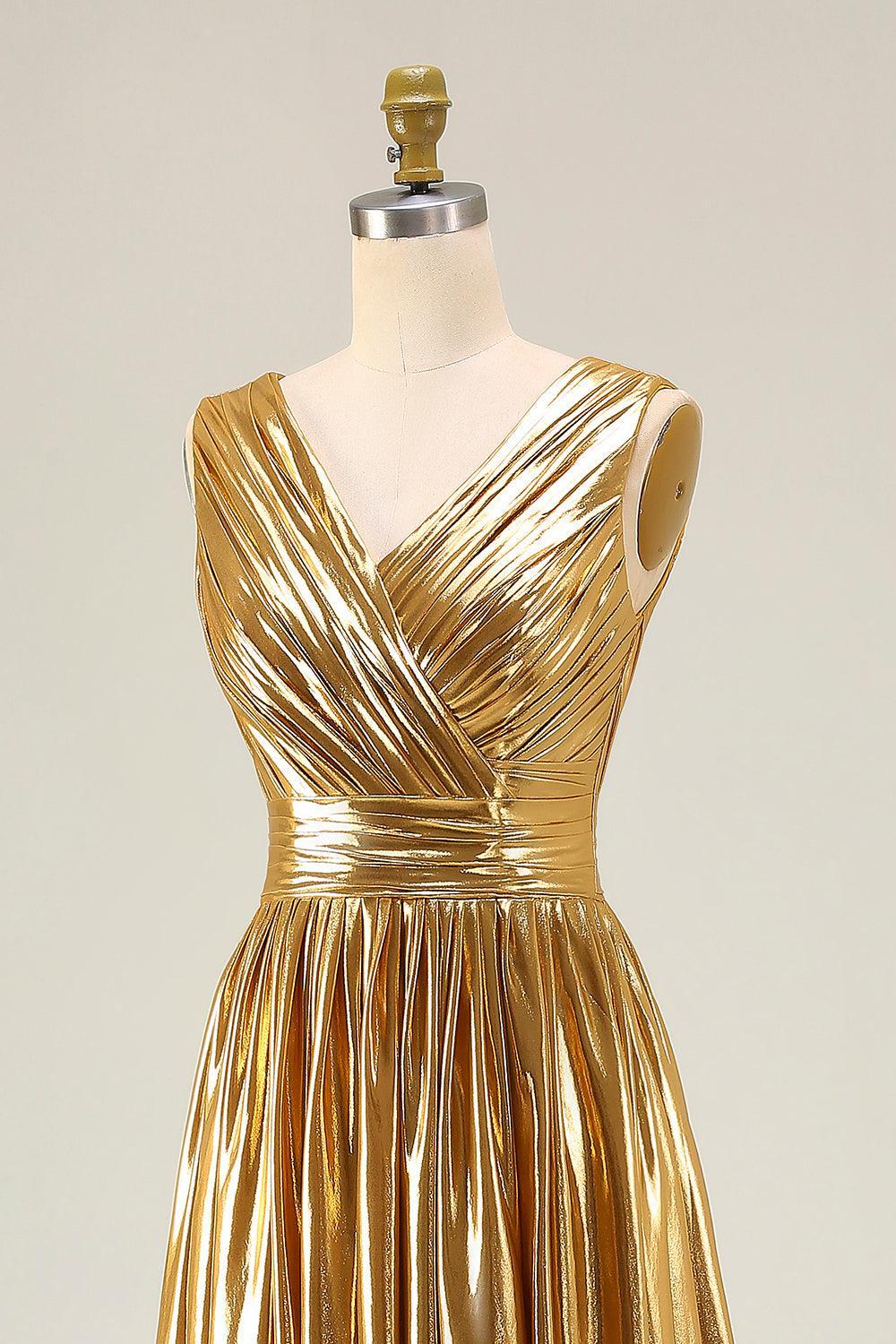 Metallic Gold Ruched V-Neck A-Line Long Prom Dress With Slit