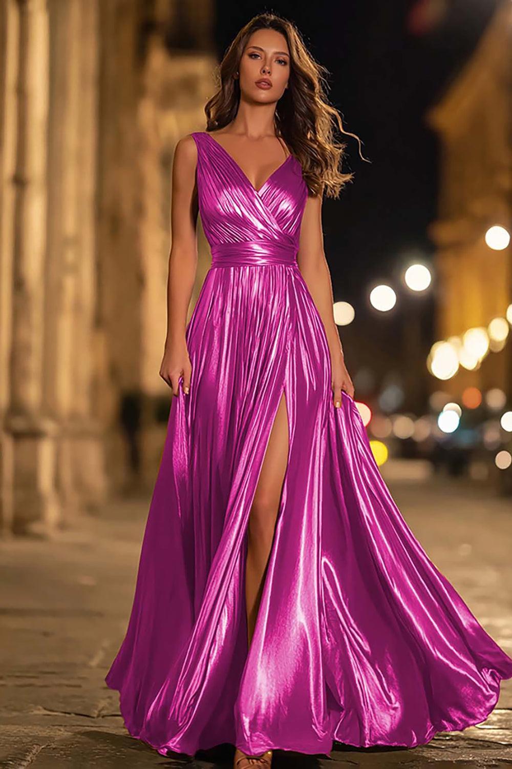 Metallic Gold Ruched V-Neck A-Line Long Prom Dress With Slit