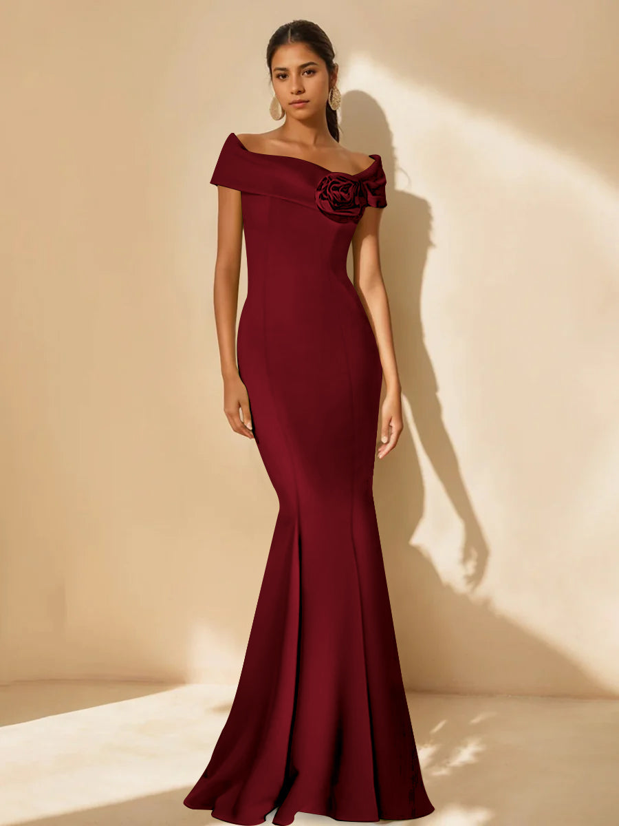 Minimalist Off the Shoulder Mother of the Bride Dresses in Trumpet Mermaid Style with Detachable Flower