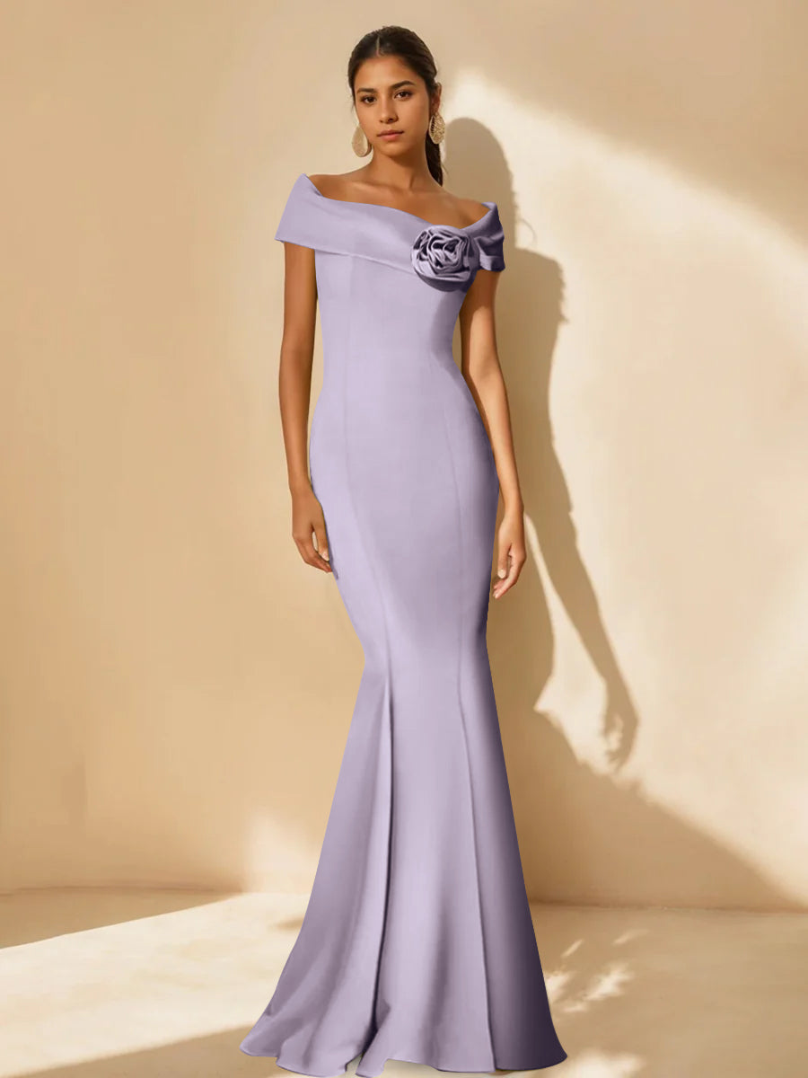 Minimalist Off the Shoulder Mother of the Bride Dresses in Trumpet Mermaid Style with Detachable Flower