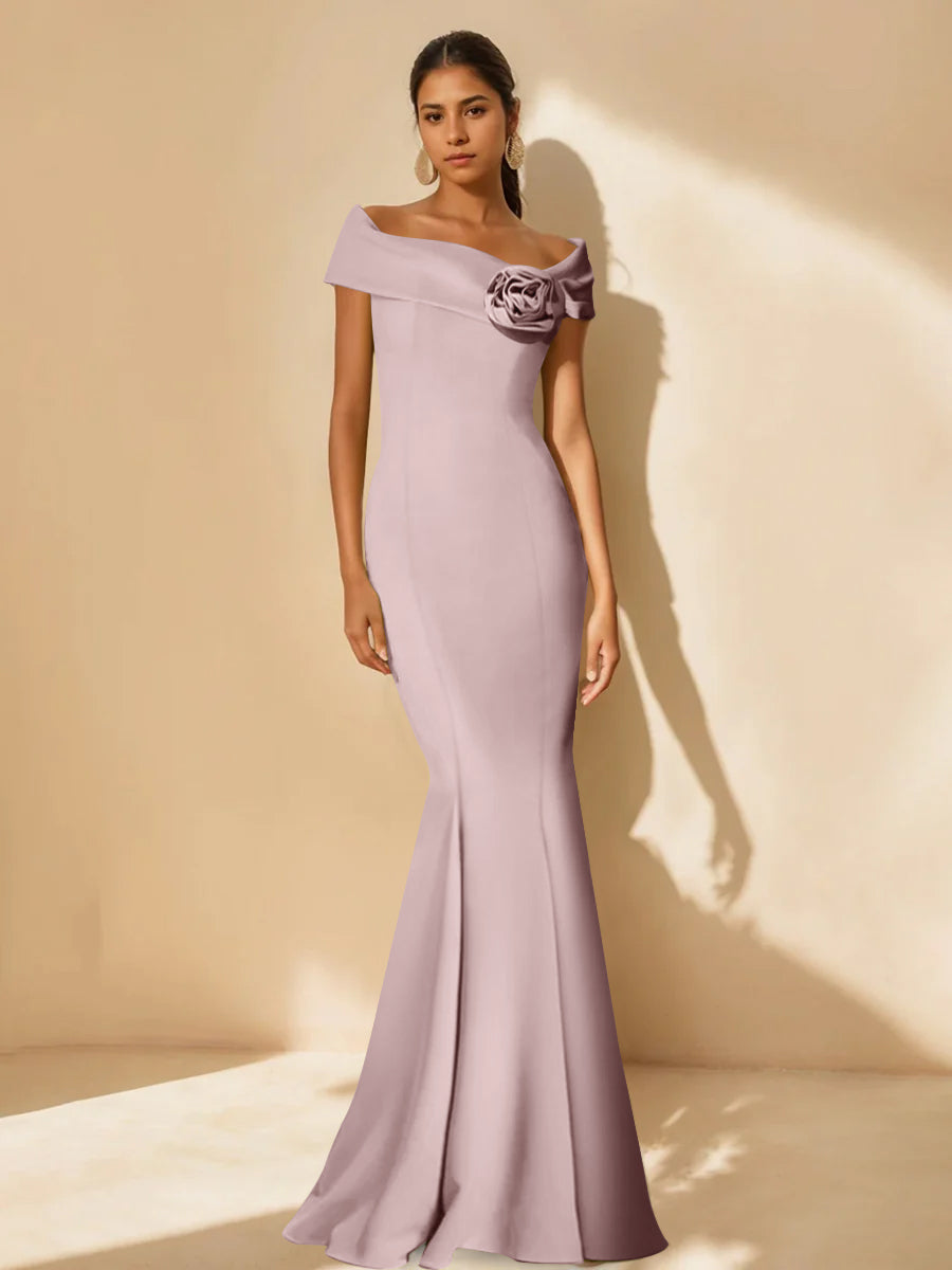 Minimalist Off the Shoulder Mother of the Bride Dresses in Trumpet Mermaid Style with Detachable Flower