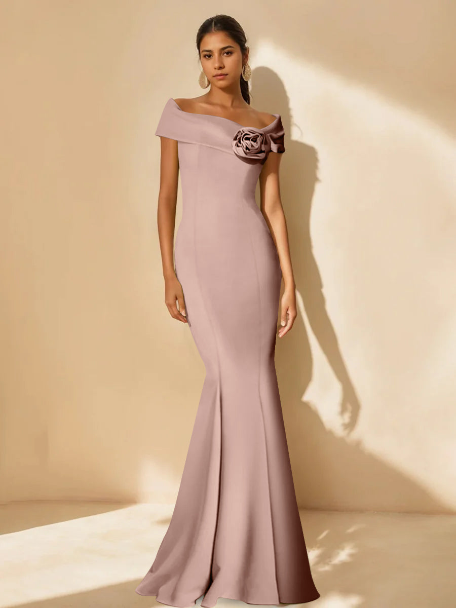 Minimalist Off the Shoulder Mother of the Bride Dresses in Trumpet Mermaid Style with Detachable Flower