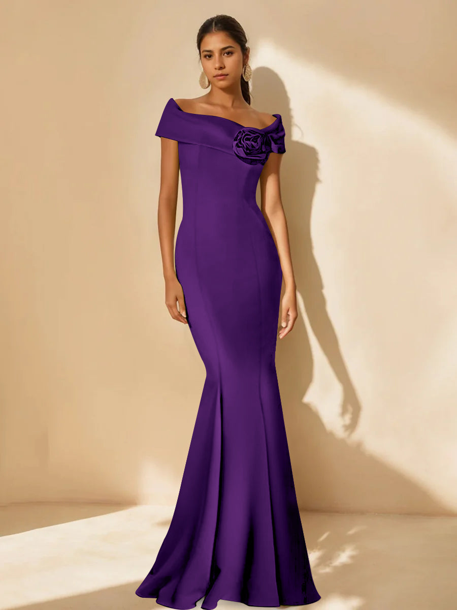 Minimalist Off the Shoulder Mother of the Bride Dresses in Trumpet Mermaid Style with Detachable Flower