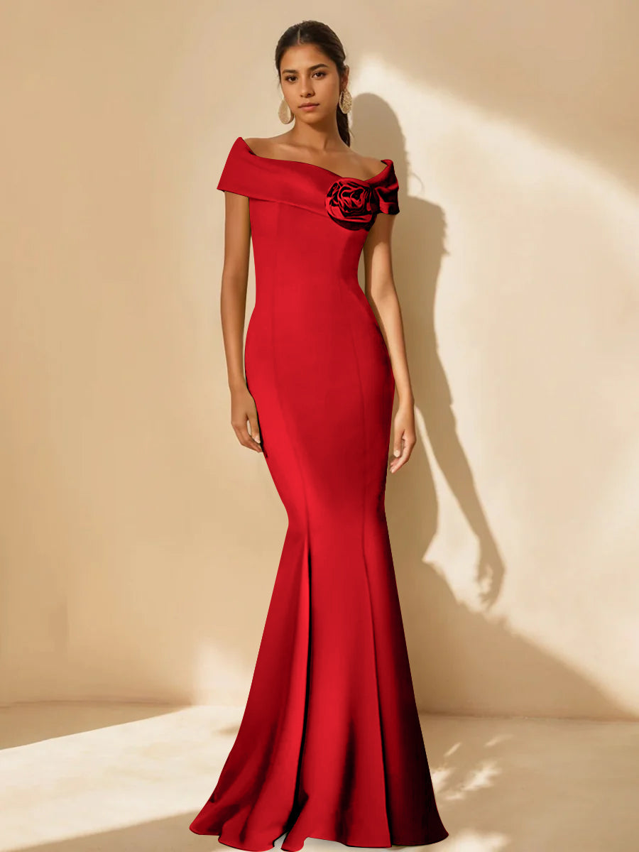 Minimalist Off the Shoulder Mother of the Bride Dresses in Trumpet Mermaid Style with Detachable Flower