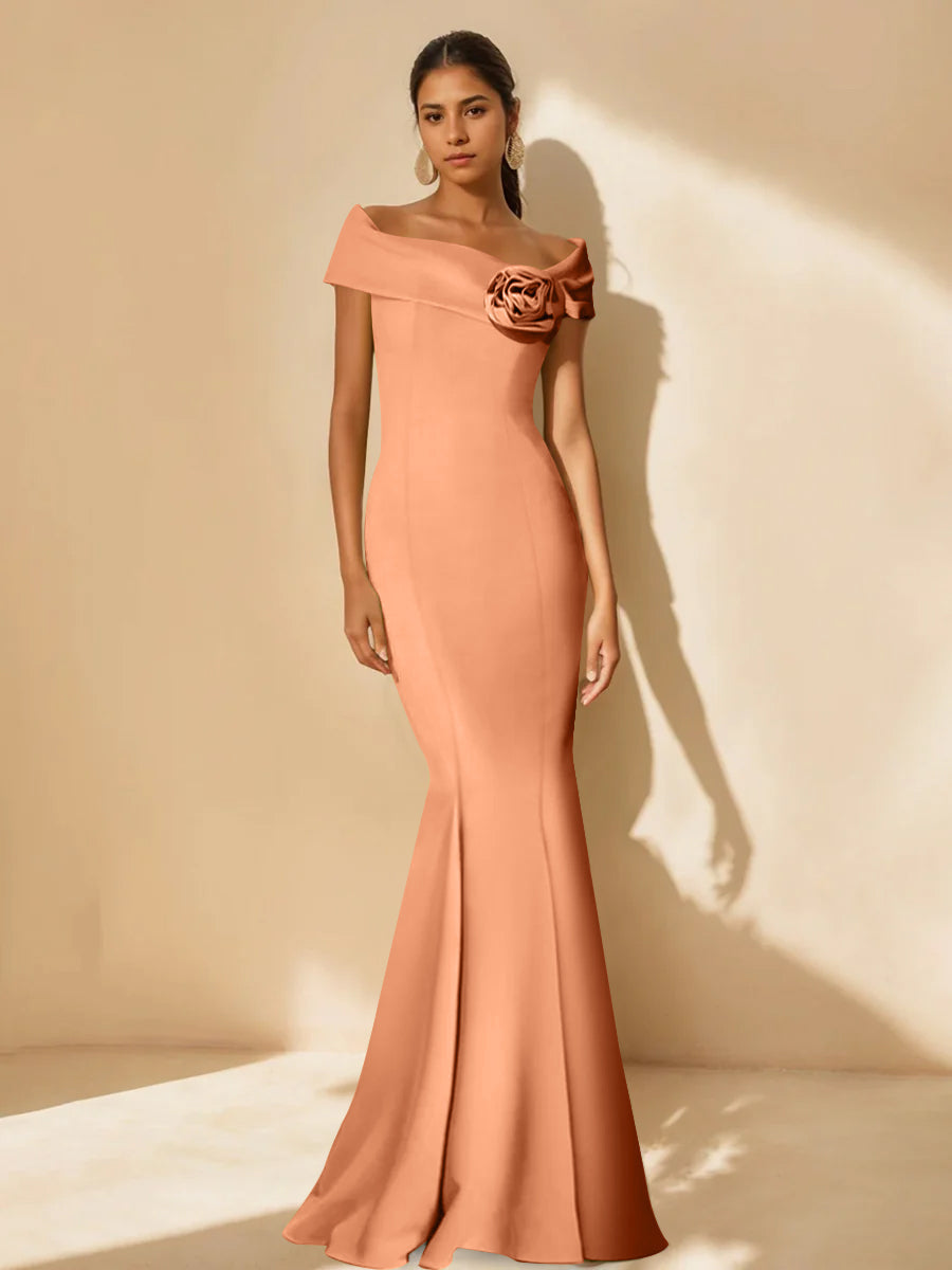 Minimalist Off the Shoulder Mother of the Bride Dresses in Trumpet Mermaid Style with Detachable Flower