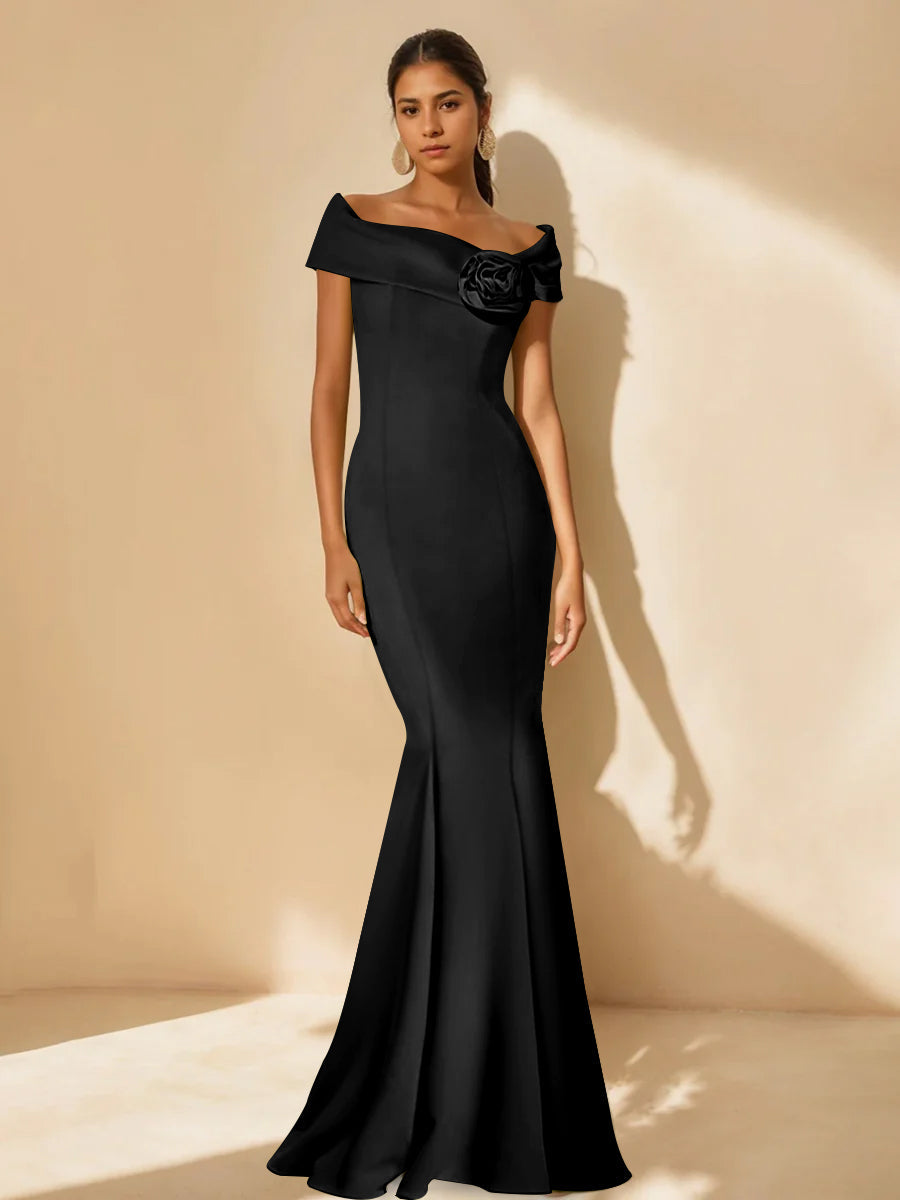 Minimalist Off the Shoulder Mother of the Bride Dresses in Trumpet Mermaid Style with Detachable Flower