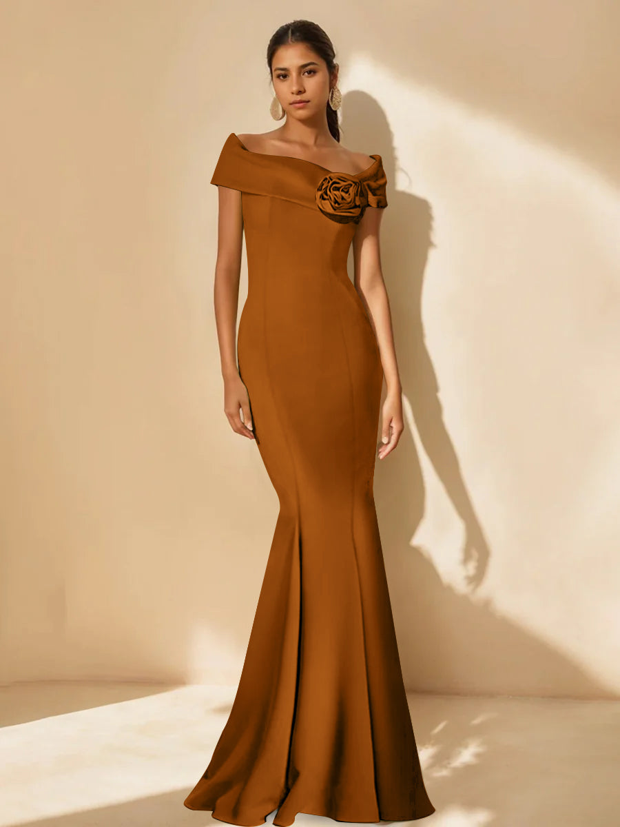 Minimalist Off the Shoulder Mother of the Bride Dresses in Trumpet Mermaid Style with Detachable Flower