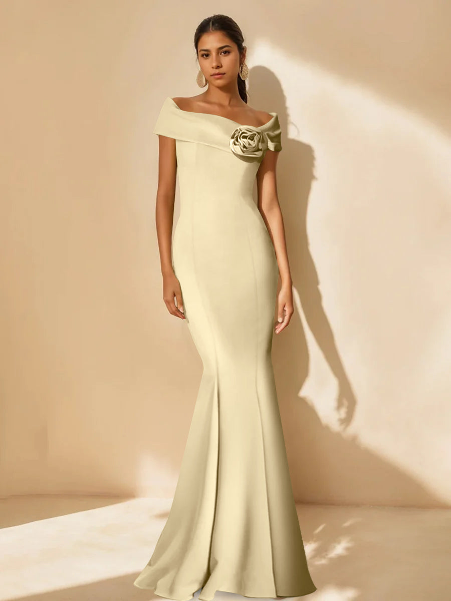 Minimalist Off the Shoulder Mother of the Bride Dresses in Trumpet Mermaid Style with Detachable Flower