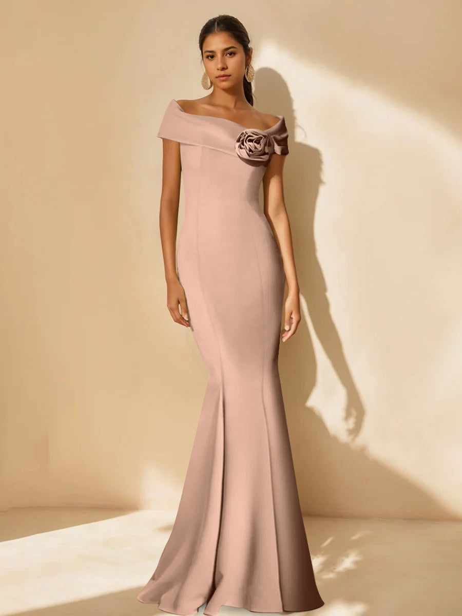 Minimalist Off the Shoulder Mother of the Bride Dresses in Trumpet Mermaid Style with Detachable Flower