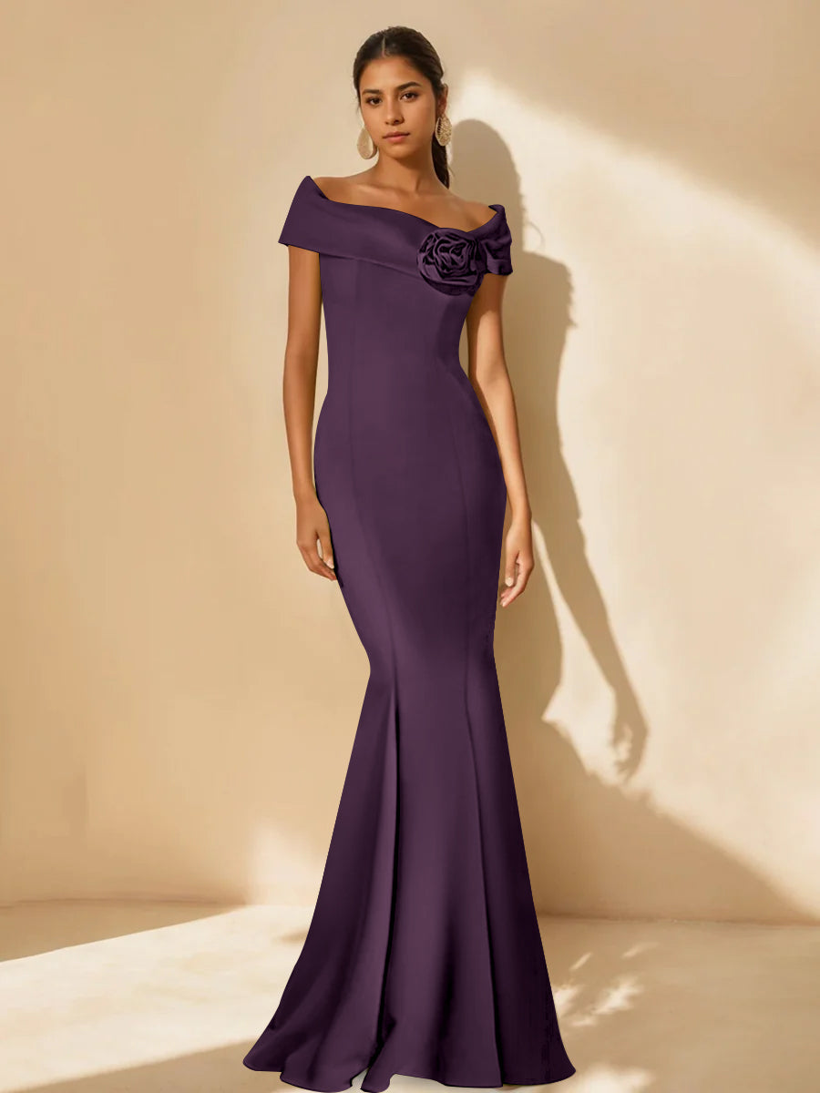 Minimalist Off the Shoulder Mother of the Bride Dresses in Trumpet Mermaid Style with Detachable Flower