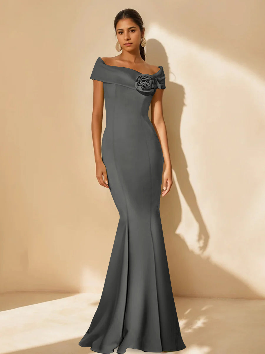 Minimalist Off the Shoulder Mother of the Bride Dresses in Trumpet Mermaid Style with Detachable Flower