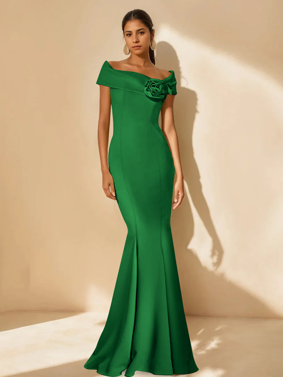Minimalist Off the Shoulder Mother of the Bride Dresses in Trumpet Mermaid Style with Detachable Flower
