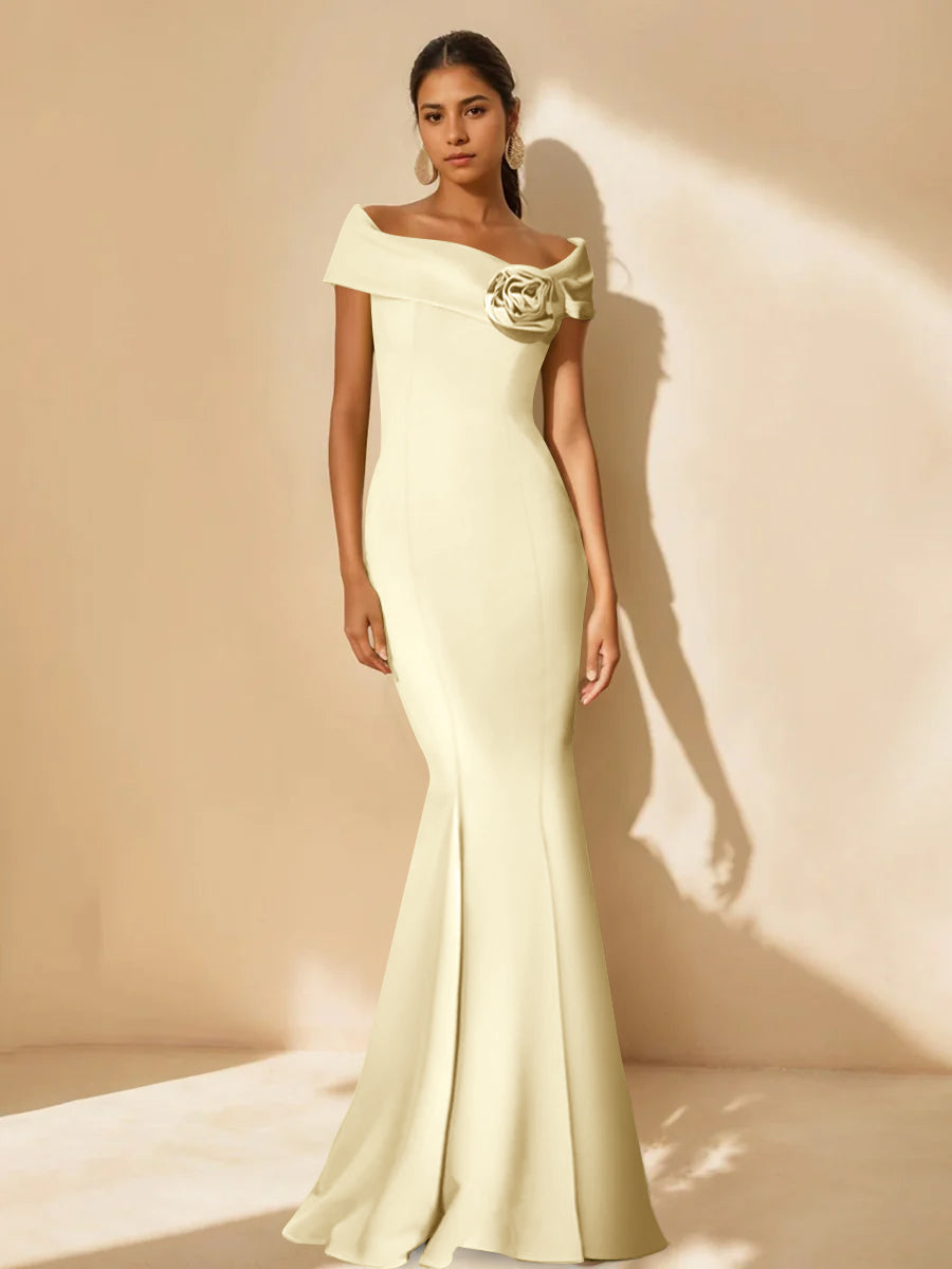 Minimalist Off the Shoulder Mother of the Bride Dresses in Trumpet Mermaid Style with Detachable Flower