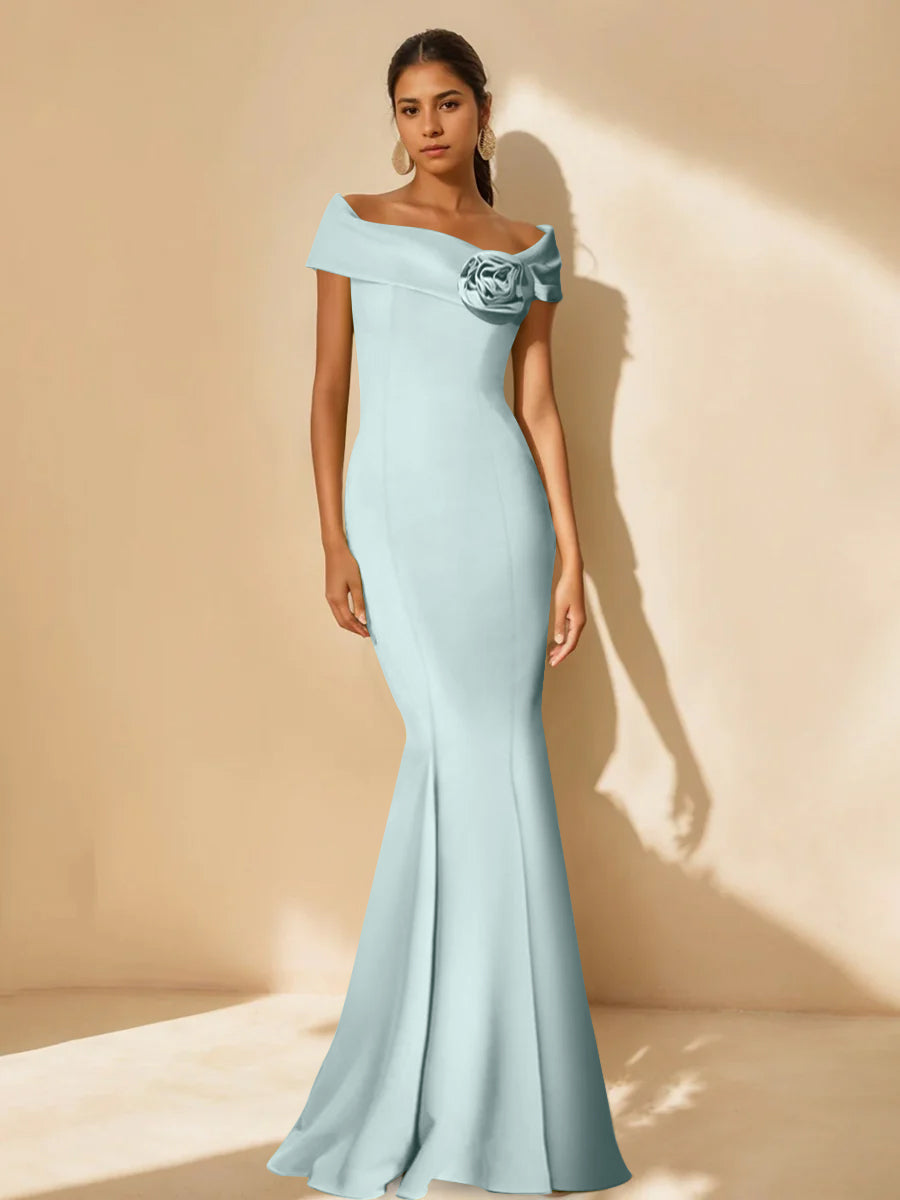 Minimalist Off the Shoulder Mother of the Bride Dresses in Trumpet Mermaid Style with Detachable Flower