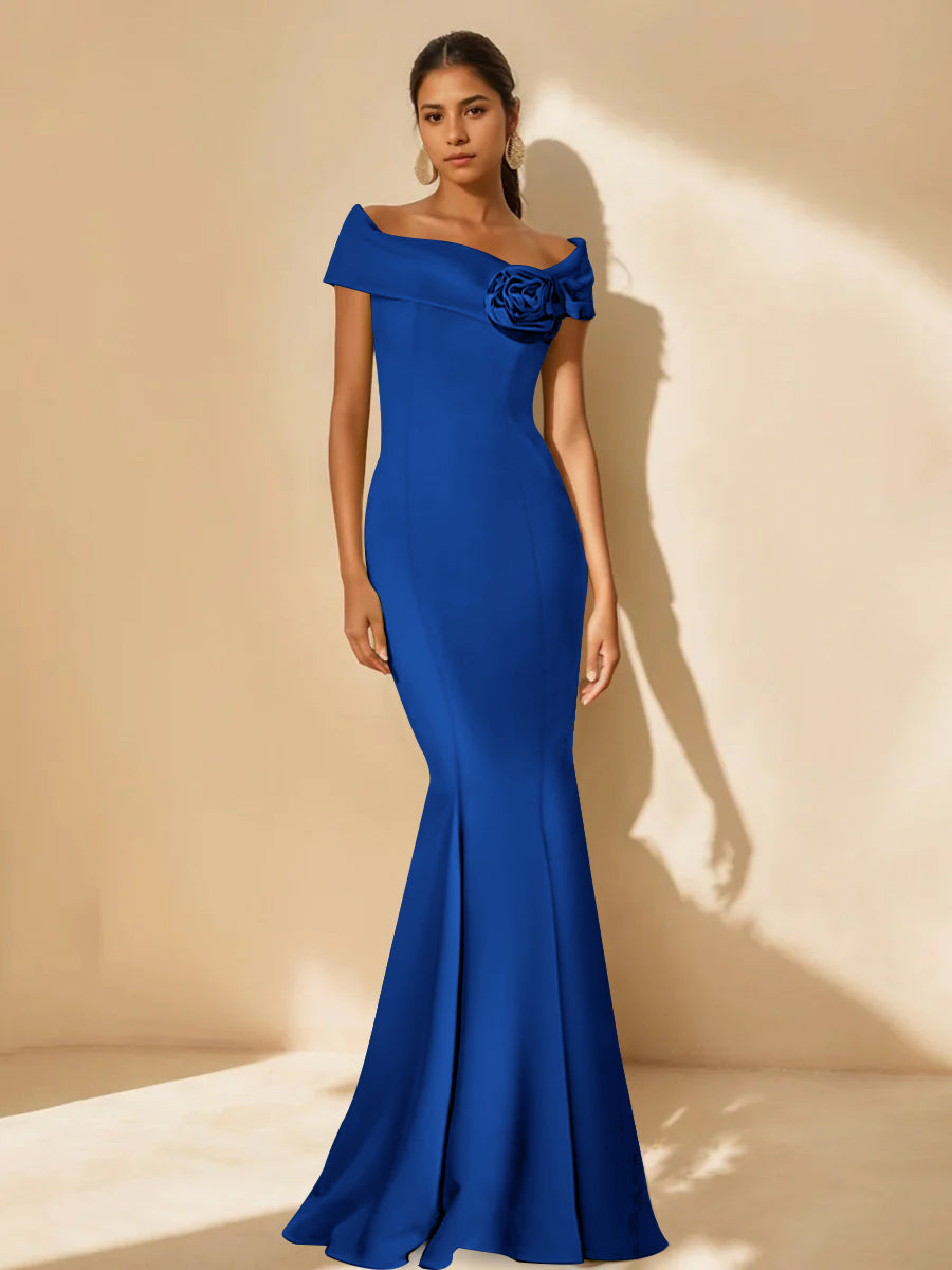 Minimalist Off the Shoulder Mother of the Bride Dresses in Trumpet Mermaid Style with Detachable Flower