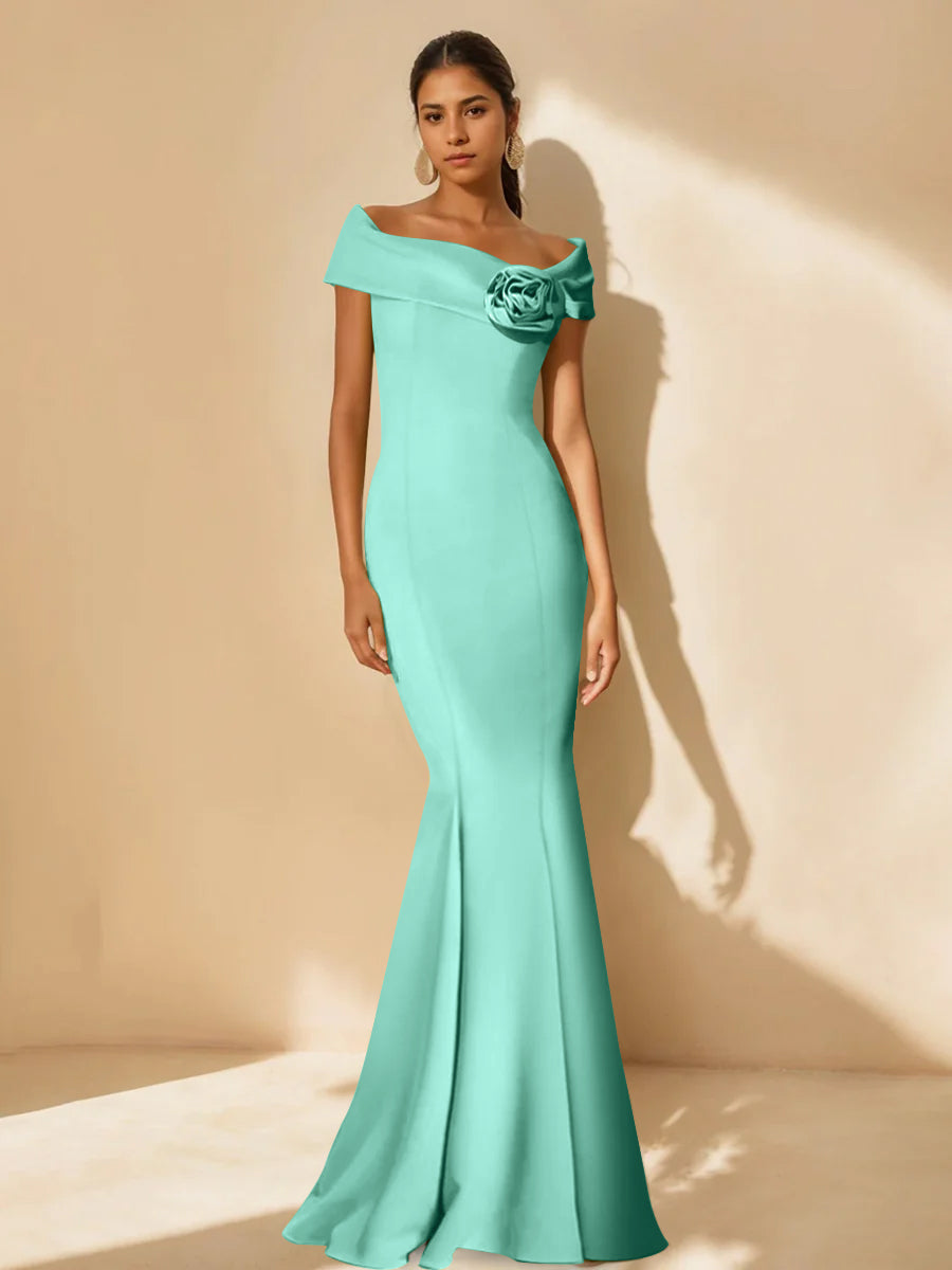 Minimalist Off the Shoulder Mother of the Bride Dresses in Trumpet Mermaid Style with Detachable Flower