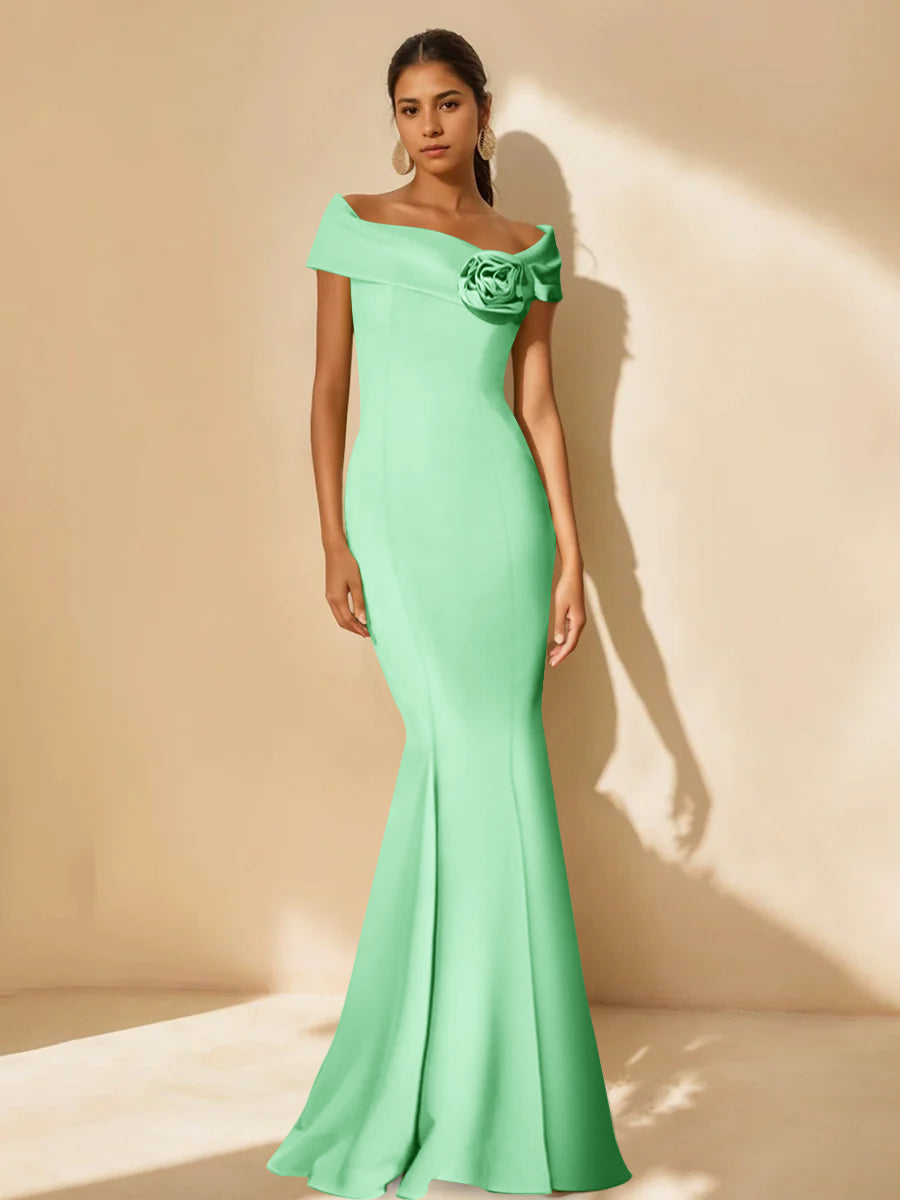 Minimalist Off the Shoulder Mother of the Bride Dresses in Trumpet Mermaid Style with Detachable Flower