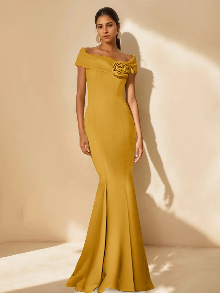 Minimalist Off the Shoulder Mother of the Bride Dresses in Trumpet Mermaid Style with Detachable Flower