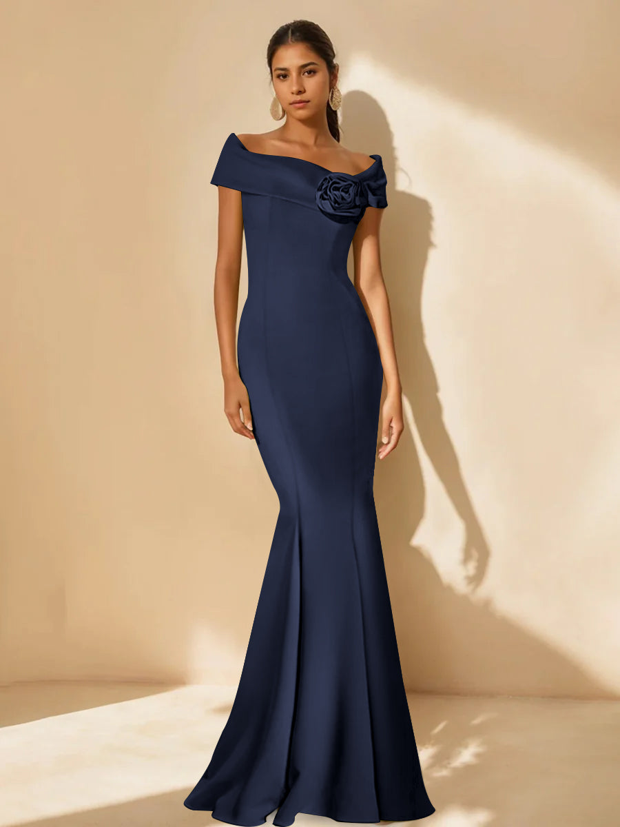 Minimalist Off the Shoulder Mother of the Bride Dresses in Trumpet Mermaid Style with Detachable Flower