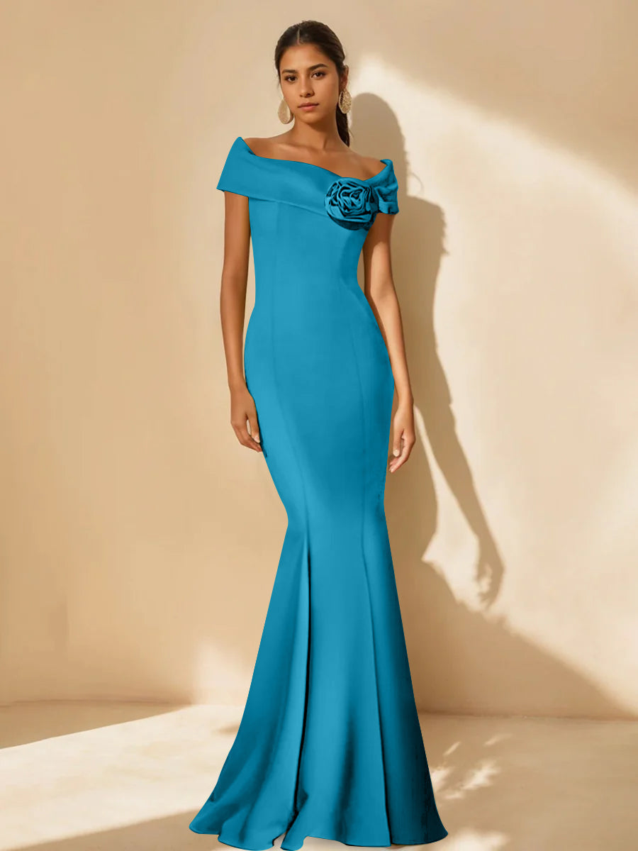 Minimalist Off the Shoulder Mother of the Bride Dresses in Trumpet Mermaid Style with Detachable Flower
