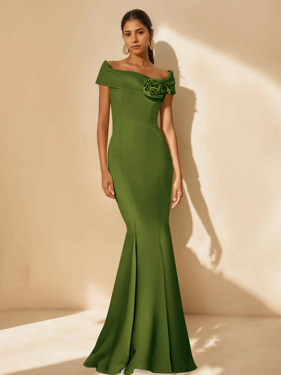 Minimalist Off the Shoulder Mother of the Bride Dresses in Trumpet Mermaid Style with Detachable Flower