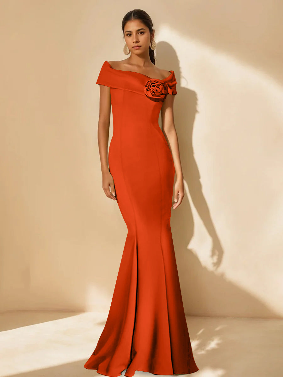 Minimalist Off the Shoulder Mother of the Bride Dresses in Trumpet Mermaid Style with Detachable Flower