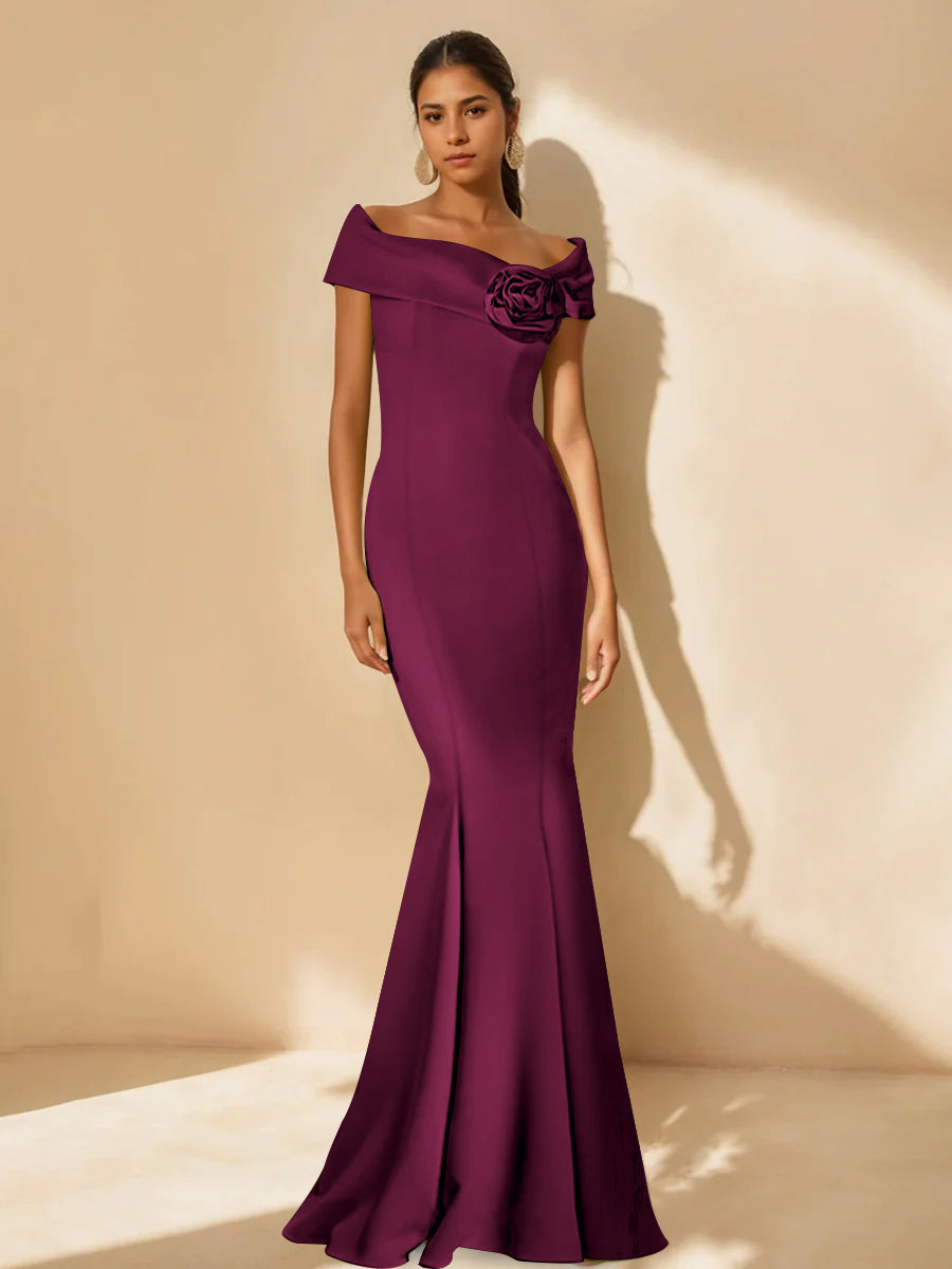Minimalist Off the Shoulder Mother of the Bride Dresses in Trumpet Mermaid Style with Detachable Flower